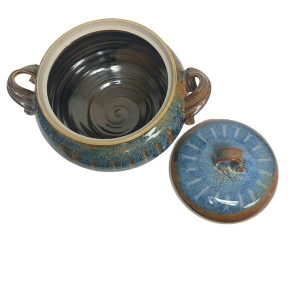 Artist Signed oRuchat Blue Brown Decorative Glazed Ceramic Lidded Pottery - Picture 4 of 10